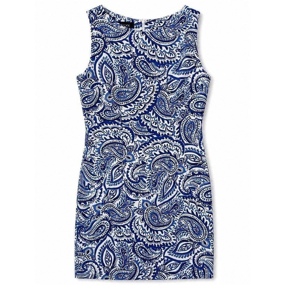 Alyx Blue White Paisley Sheath Dress Sleeveless Stretch Coastal Career Office 8
